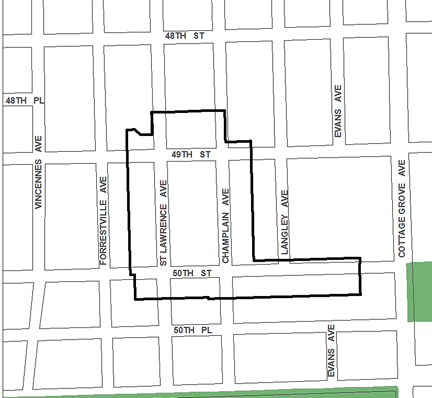 49th/St. Lawrence TIF district, roughly bounded on the north by 48th Place, 50th Place on the south, Cottage Grove Avenue on the east, and Forrestville Avenue on the west.